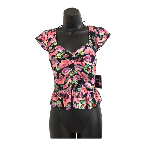 Black pink purple‎ floral peplum shirred front heart neckline blouse size large - Picture 10 of 14